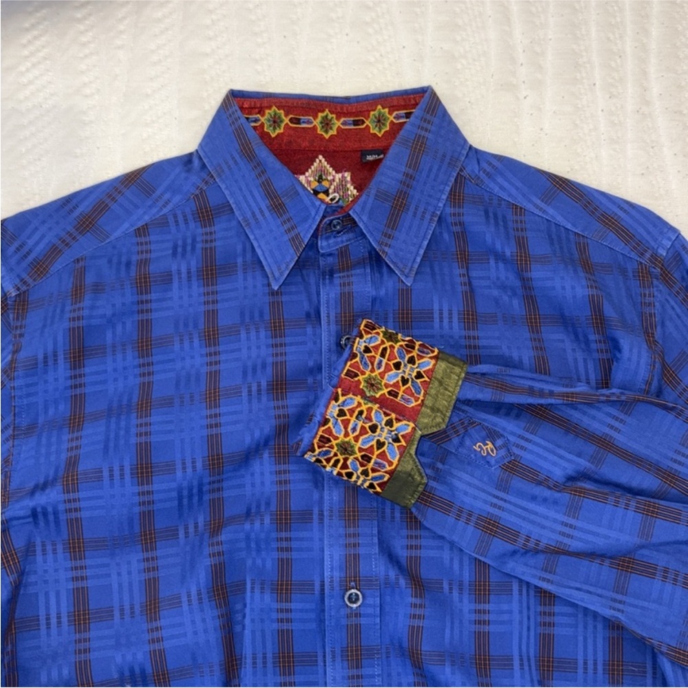 Robert Graham Shirt Flip Cuff Embroidered Shale Blue Plaid - Excellent Condition - Picture 5 of 8
